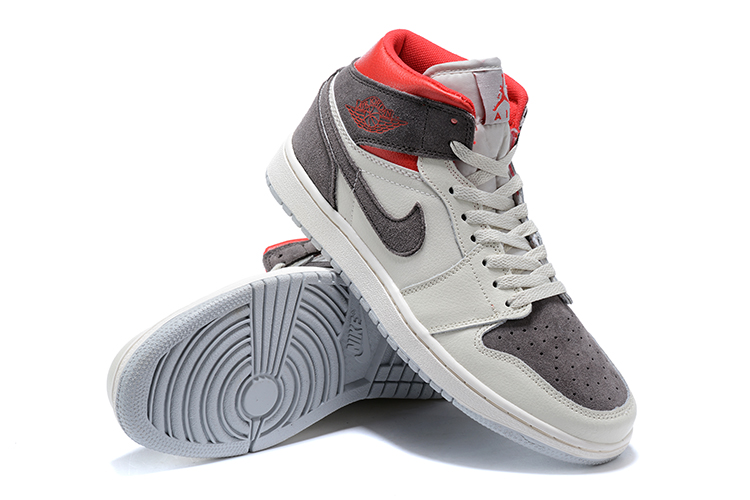 Men Air Jordan 1 Mid White Grey Red Shoes - Click Image to Close